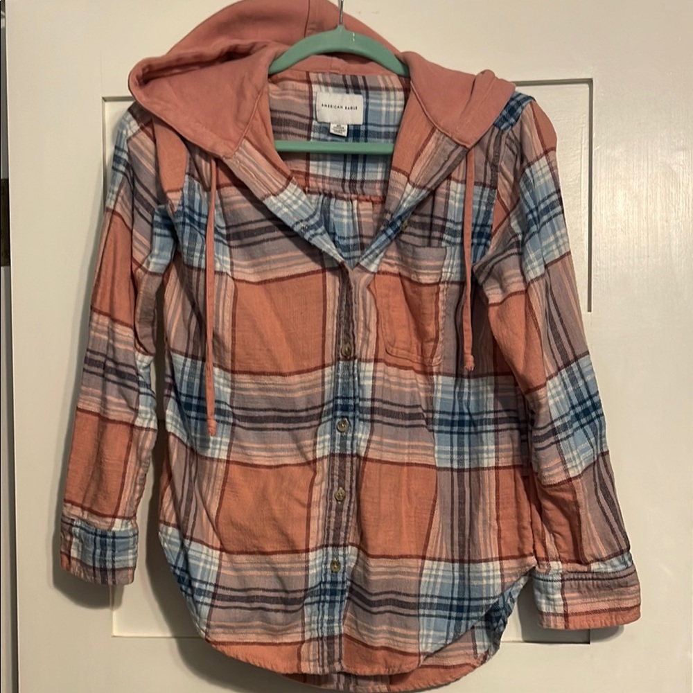 American Eagle Outfitters Pink and Blue Button Down Shirt with Hood